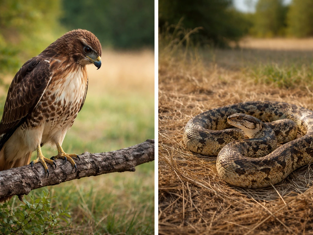 A red-tailed hawk perched near an open field and a gopher snake on dry grass, side-by-side comparison