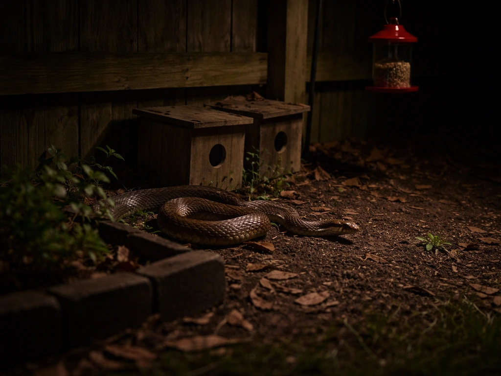 Low-light backyard at night with a snake near nest boxes and a ground-level feeder.