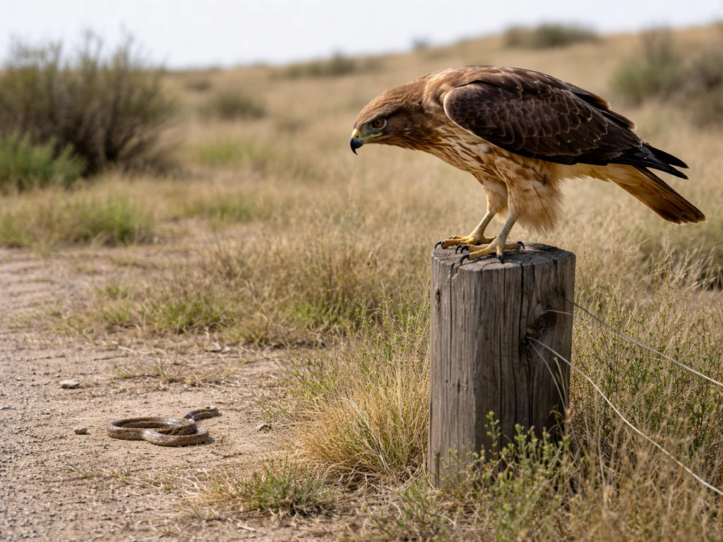 Red-tailed hawk perched on a fence post in open scrub, with a snake nearby on the ground.