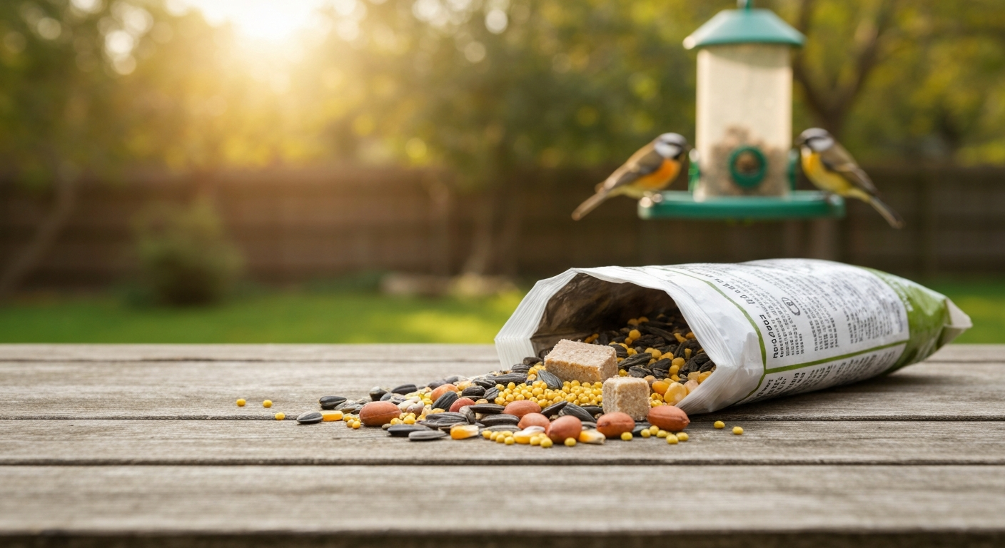 Spilled bag of mixed bird seed on a wooden table with songbirds softly visible in the background.