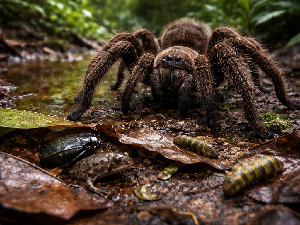 Large rainforest spider foraging on leaf litter with beetle-like insects and a small froglet nearby.