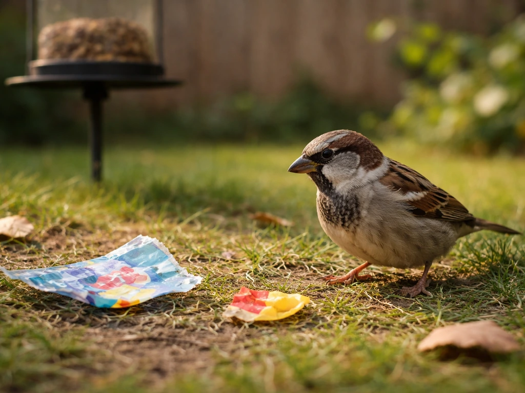 Small songbird cautiously near colorful plastic debris on the ground by a backyard feeder