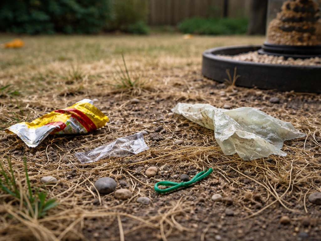 Close-up of small plastic chip-bag and wrapper pieces, twist-tie, near a bird feeder on backyard ground.