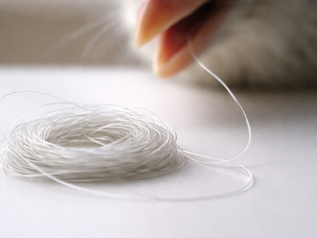 Close-up of thin stringy plastic twine tangled near a beak/tongue-like area concept, suggesting entanglement risk.