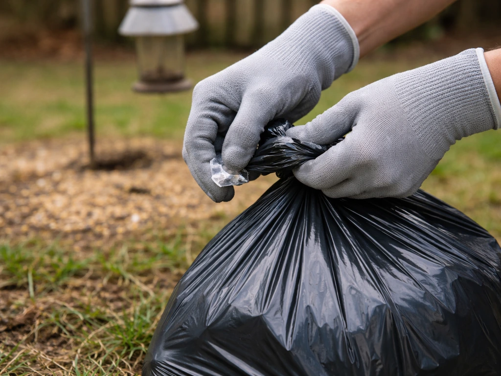 Gloved hands bag-sealing plastic debris found near a bird feeder for proper trash disposal