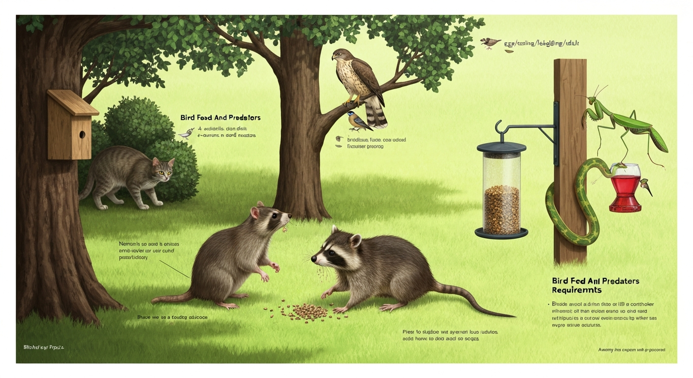 Photorealistic illustration of a suburban backyard showing a cat, Cooper's hawk, raccoon, rat, rat snake, and praying mantis near feeders and a nest box, with small labels identifying each predator.