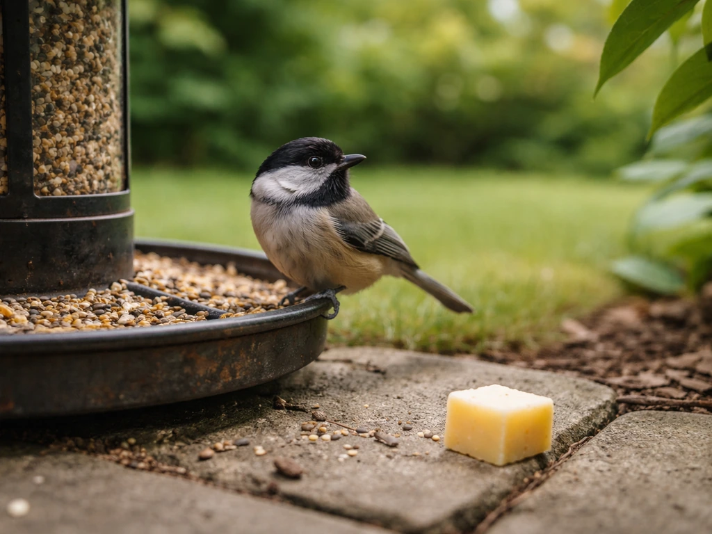 A small backyard bird perched at a feeder beside a cheese piece, showing cheese is not for birds.