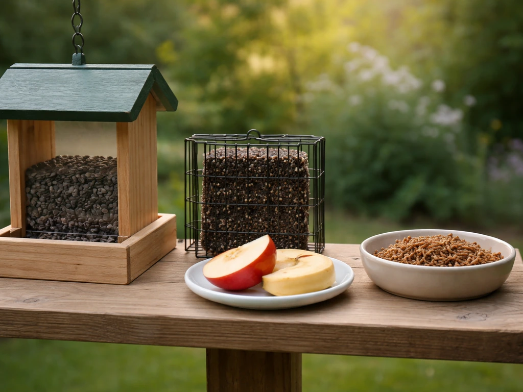 Minimal backyard feeder setup with sunflower seeds, suet, fresh fruit, and mealworms on dishes.