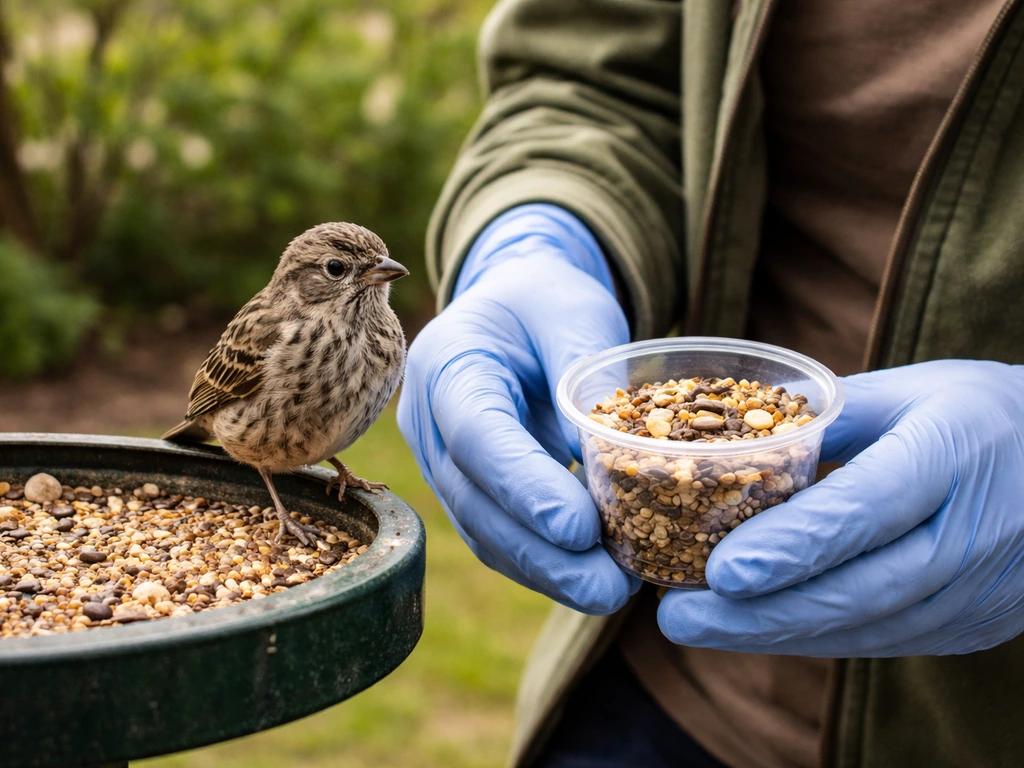 Small bird at a feeder while a gloved handler switches from cheese to proper bird seed.
