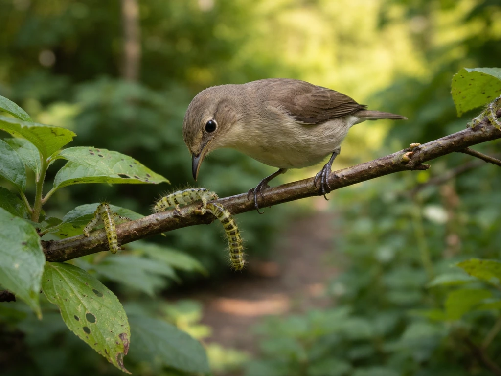 Small backyard songbird perched on a branch with visible caterpillars, foraging on chewed foliage.