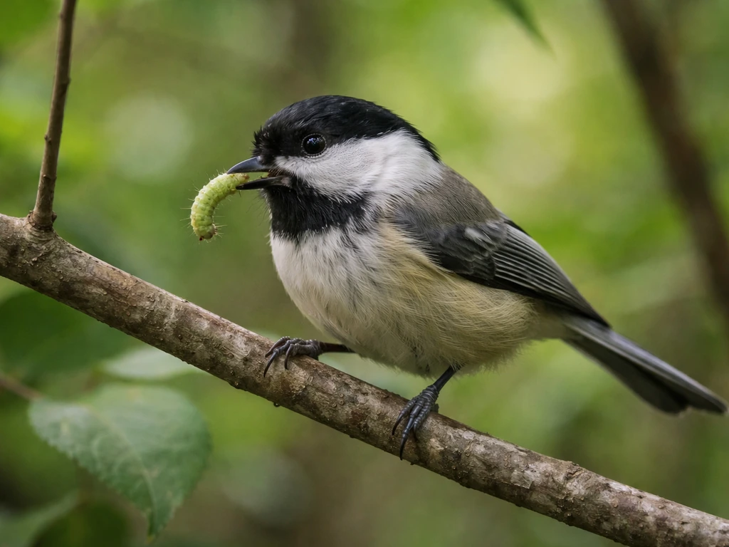 Black-capped chickadee foraging on a tree branch and feeding a caterpillar.
