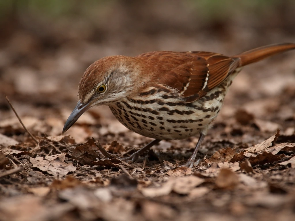 Brown thrasher foraging on leaf litter with its long curved bill near the ground.