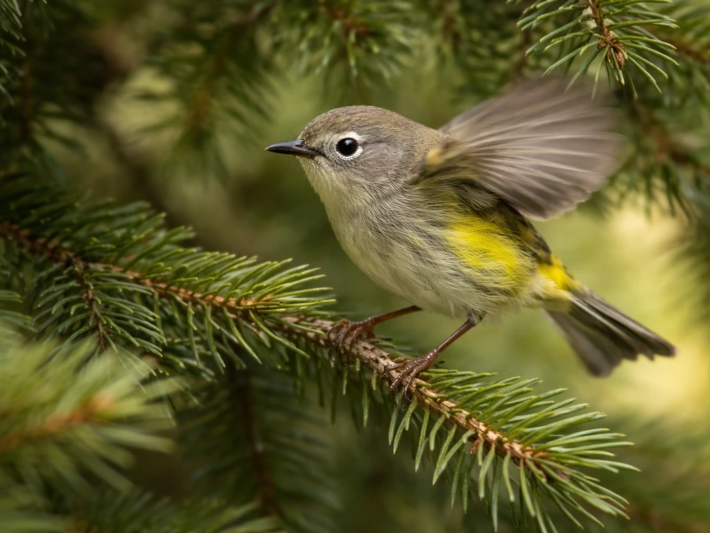 A small yellow warbler/kinglet moves through dense evergreen foliage, showing rapid foliage-gleaning behavior.