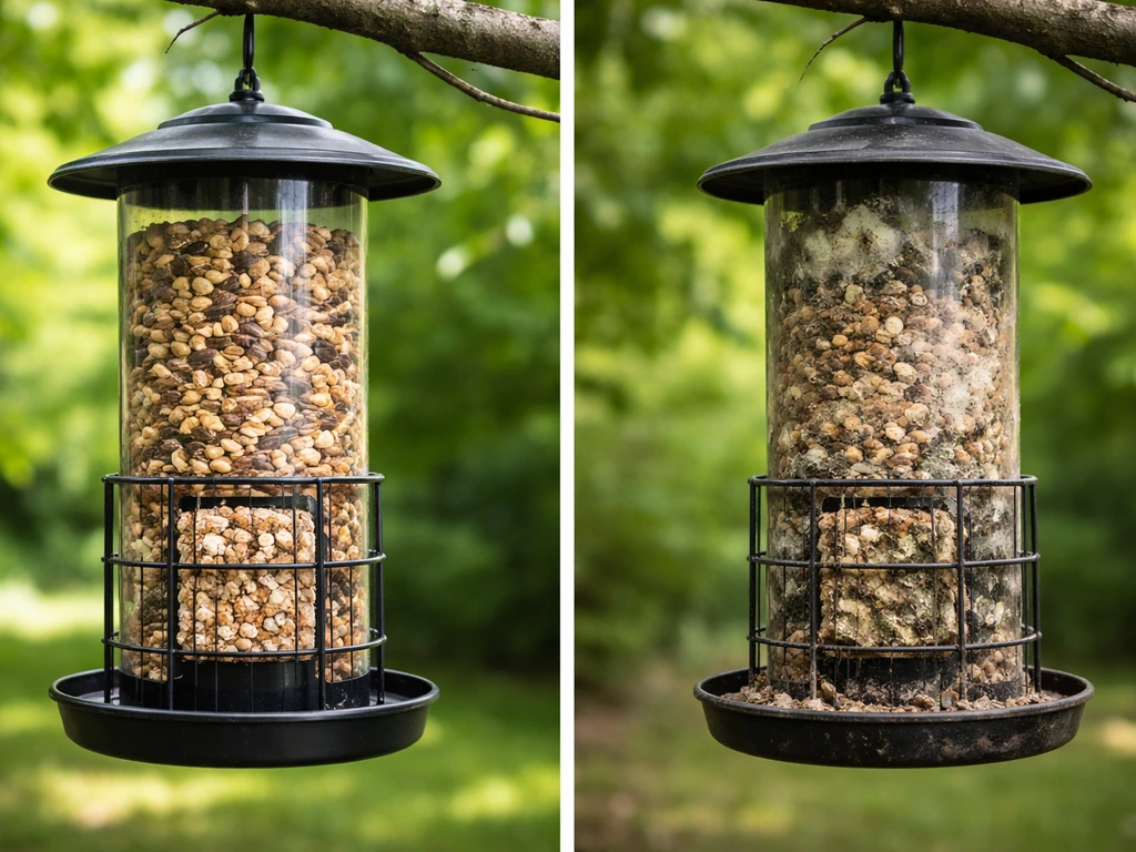 Split-view photo showing a clean bird feeder with fresh seed and a nearby dirty feeder with moldy residue.