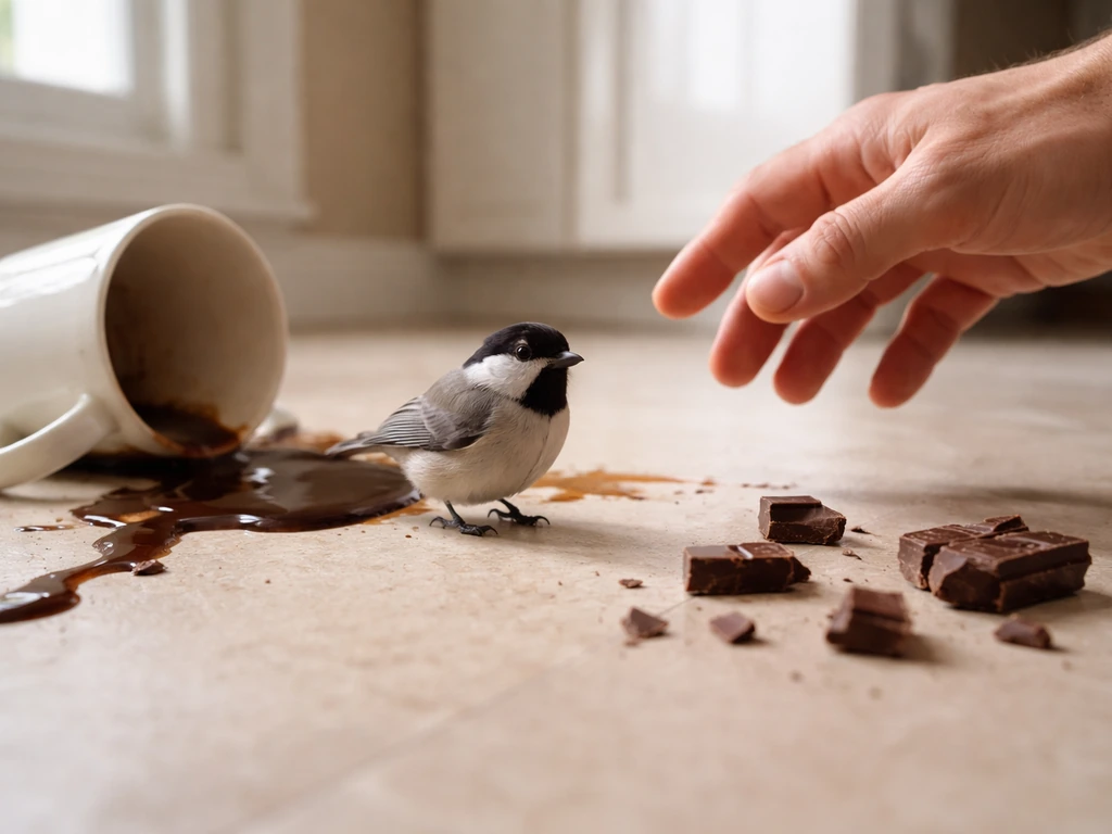 Small bird beside a chocolate spill on a kitchen floor, with a hand reaching to prevent harm