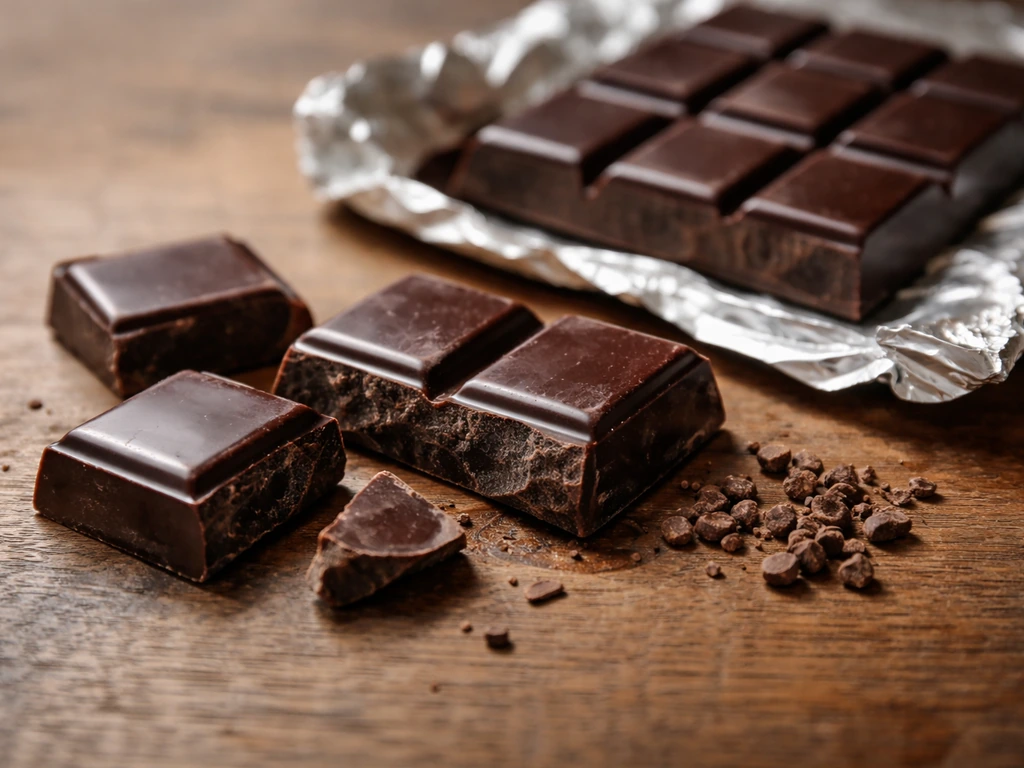 Close-up of dark chocolate pieces with a focus on the rich texture to suggest toxicity risk for birds.