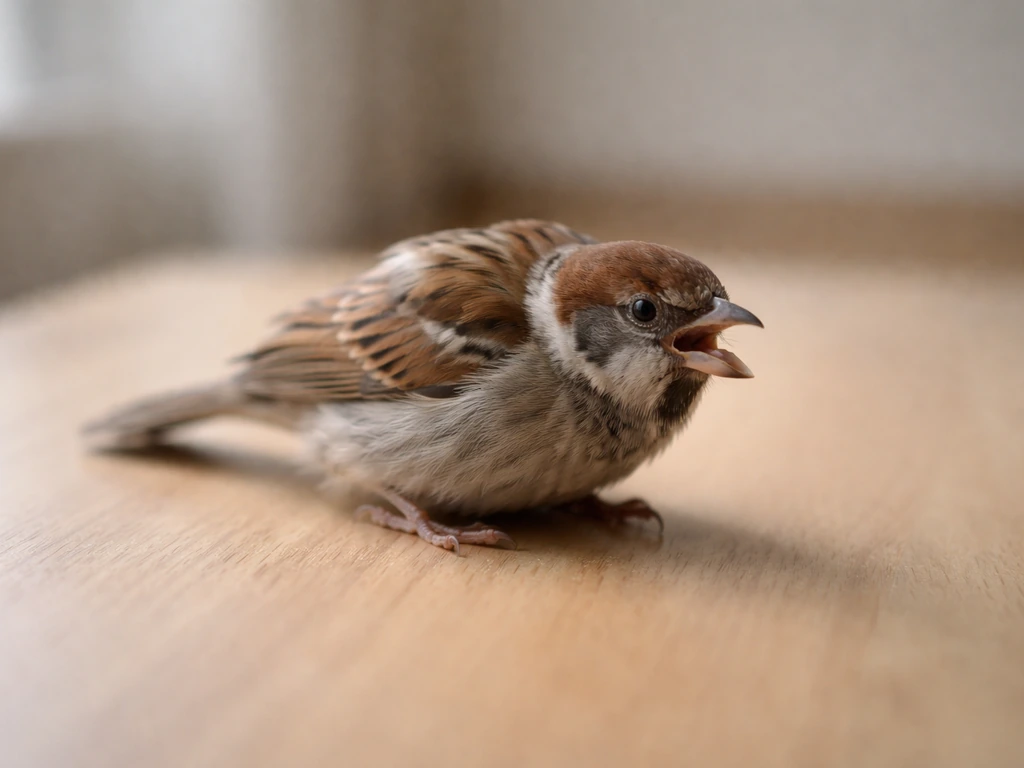 Small bird on a wooden surface with mouth slightly open and subtle trembling posture.