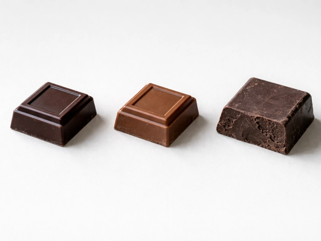 Three distinct chocolate pieces on a light background: dark, milk, and baking chocolate.
