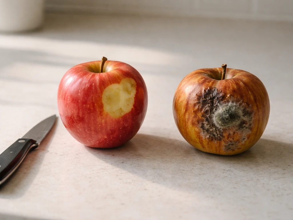 Knife trimming a pecked apple beside a moldy apple, showing keep/trim versus discard cues.