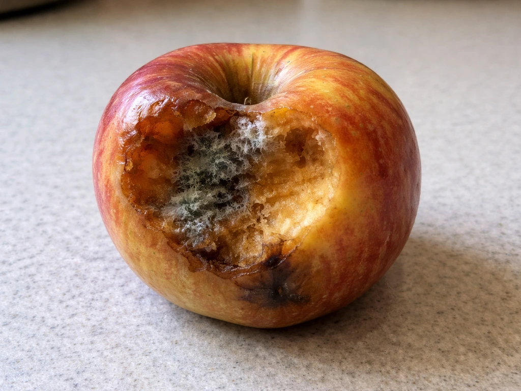 Close-up of discarded bitten fruit with visible mold and a soft mushy area spreading from the puncture.