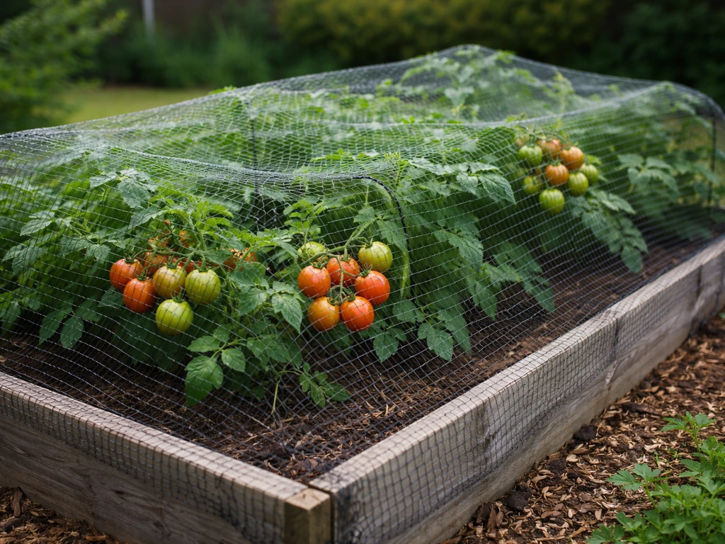 Raised garden bed covered with bird netting protecting ripening fruit from birds