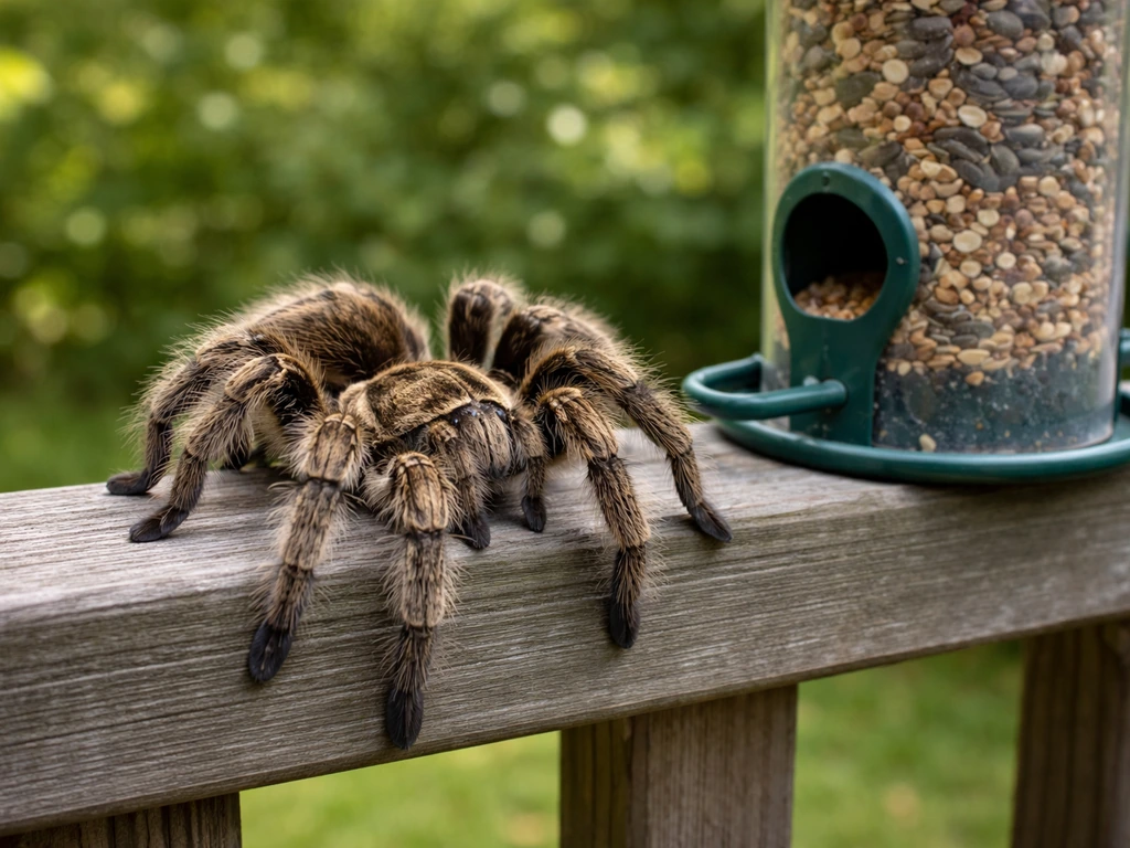 Large tarantula near a backyard bird feeder on a fence rail, with soft green foliage in the background.