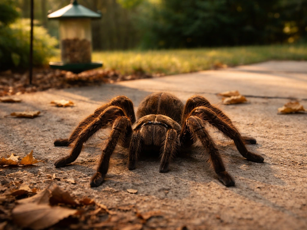 Large Goliath bird-eating tarantula near a backyard bird feeder with leaves in soft light.