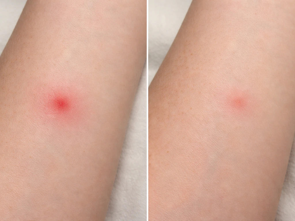 Close-up of forearm showing a small, localized red swollen bite area beside a faint sting-like mark.