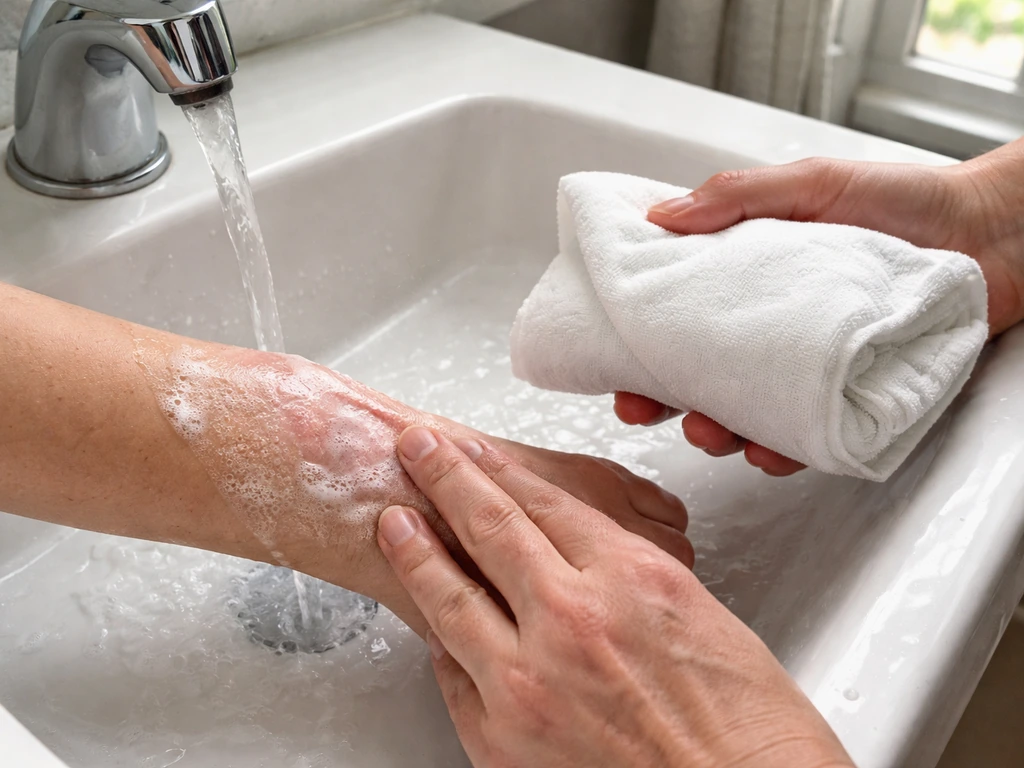 Hands washing a forearm bite area at a sink, with a wrapped ice pack ready to apply.