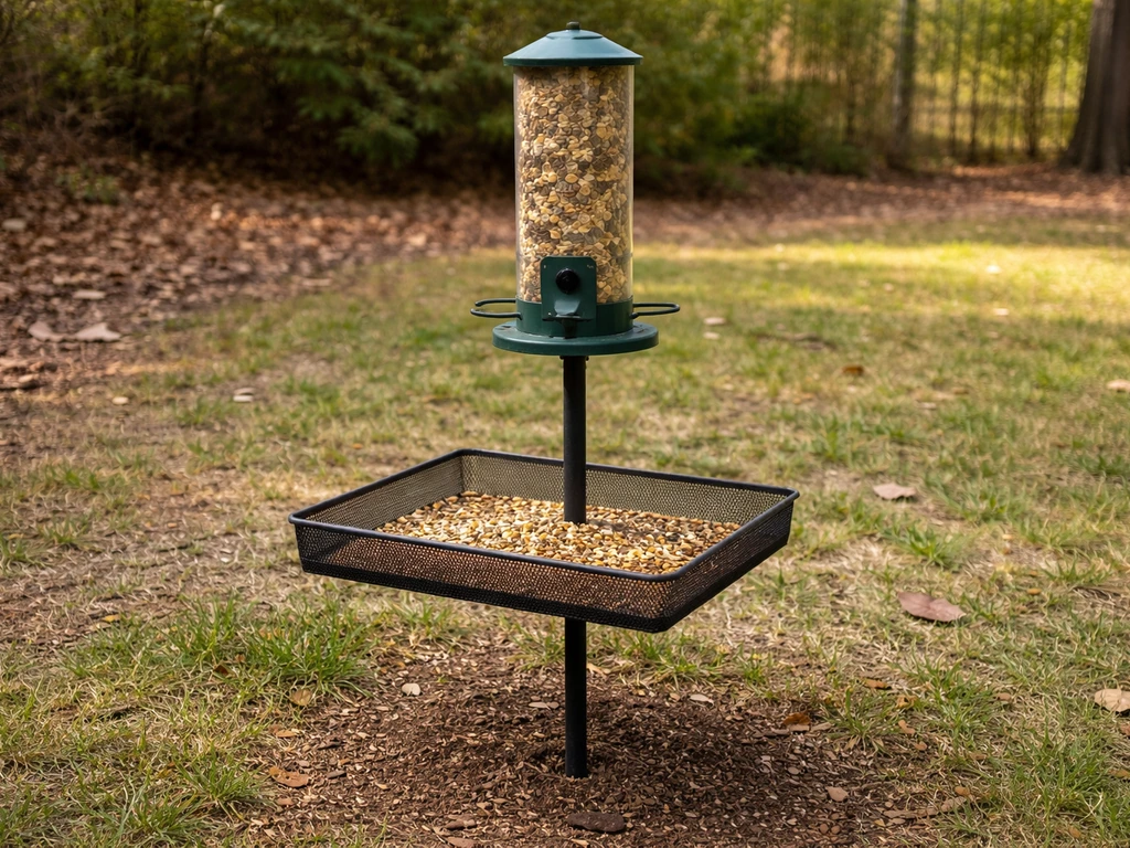 Backyard bird feeder with a catch platform under it and minimal scattered seed to reduce spider contact.