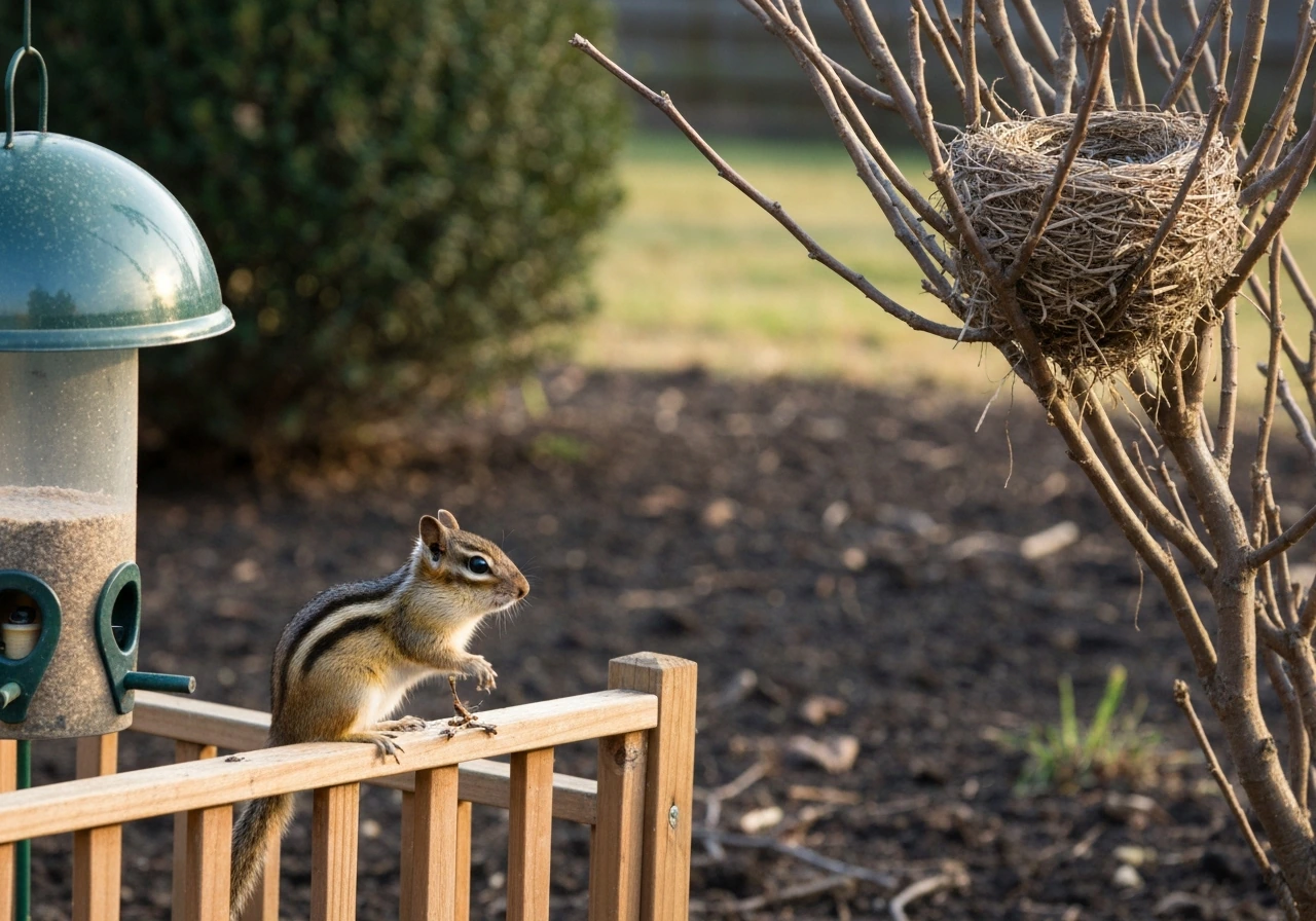 An eastern chipmunk near a backyard bird nest area, with a slightly disturbed feeder setup