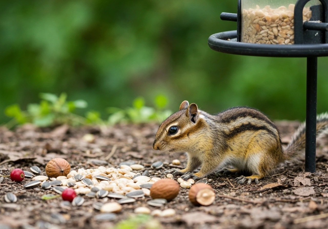 Chipmunk foraging near a bird feeder with sunflower seeds, nuts, and a few berries in view.