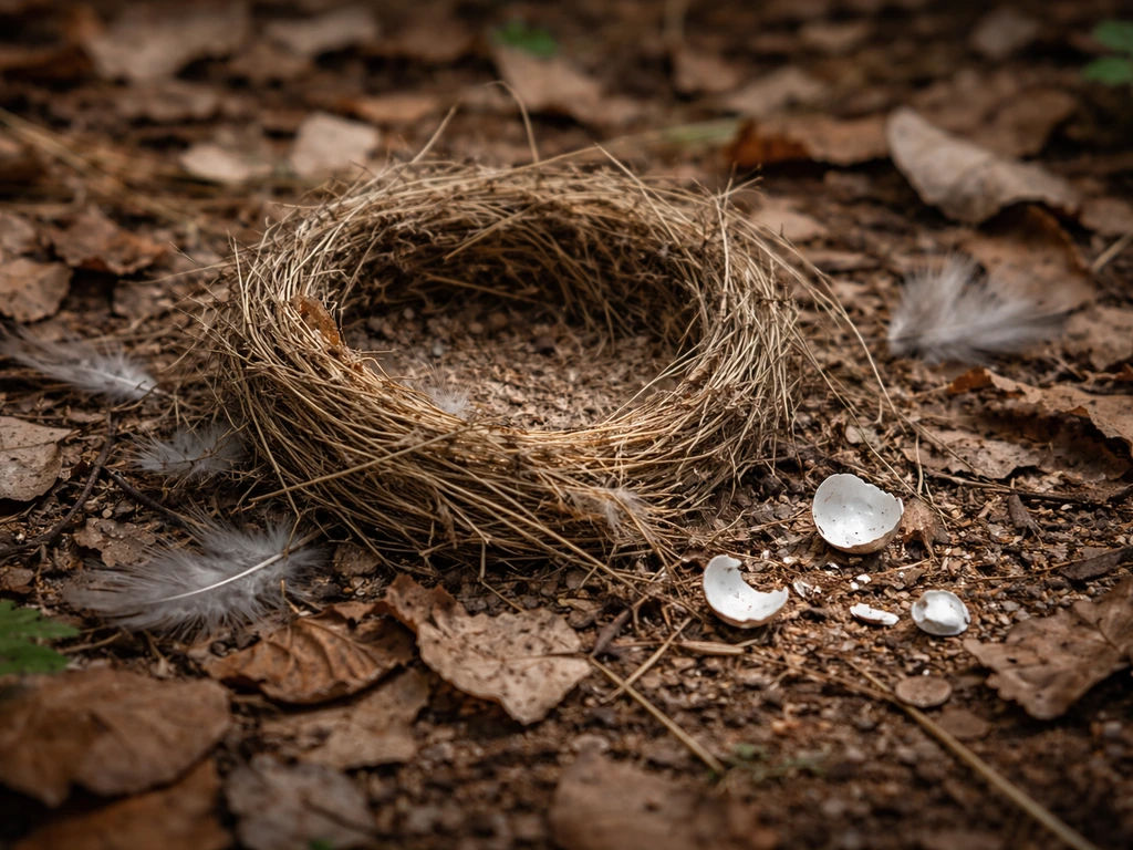 Small woodland nest in leaf litter with subtle damage clues, photographed for predator identification