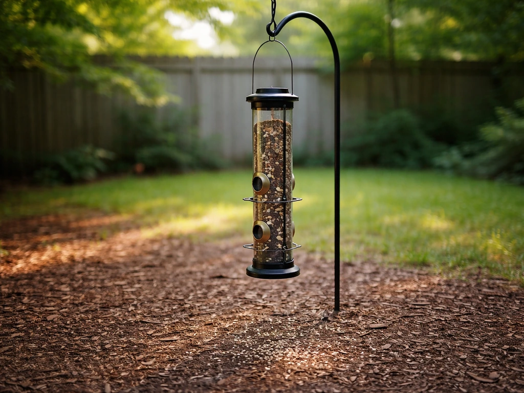 Black tube bird feeder with small ports, hanging over clean mulch with minimal spilled seed underneath.