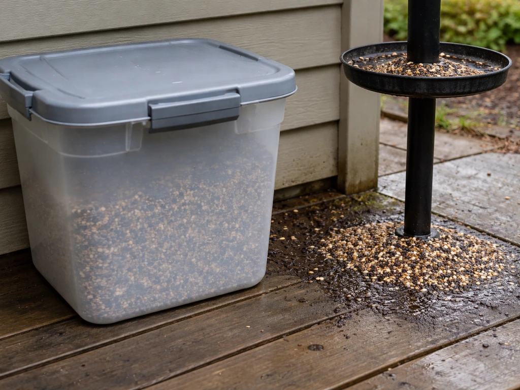A clean, covered seed container beside a small damp spilled-seed spot suggesting mold risk
