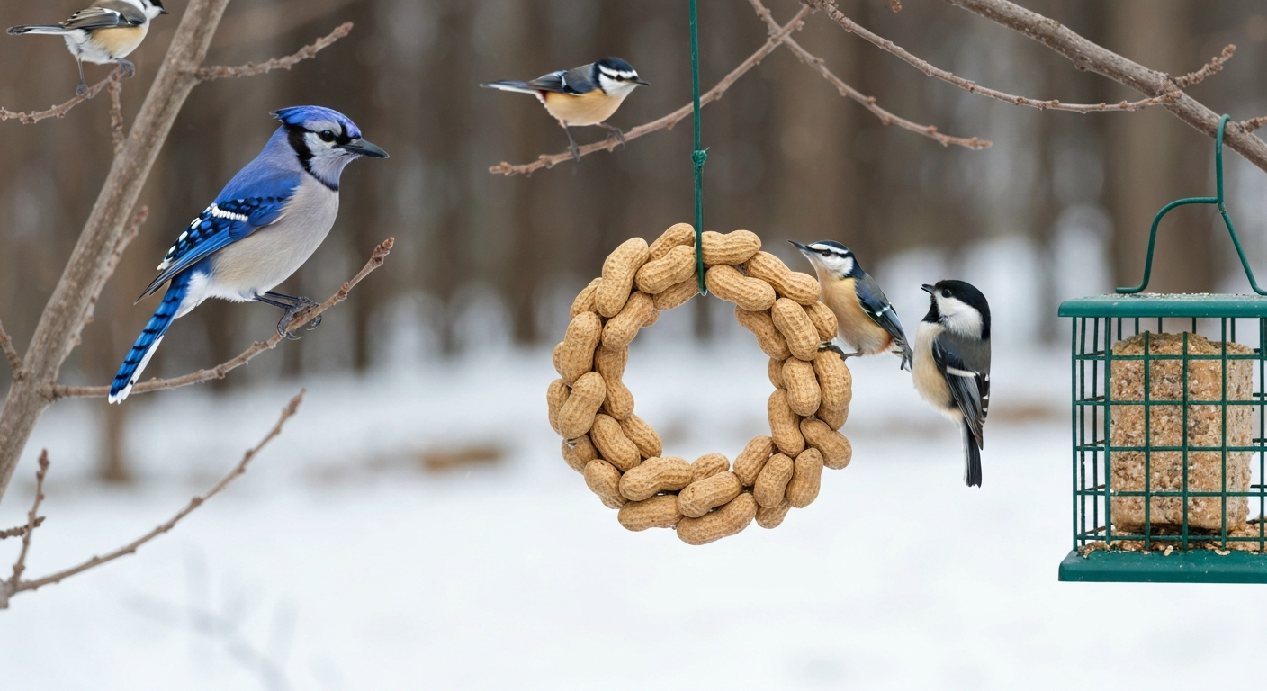 Blue jay on a peanut wreath, nuthatch on a log smear feeder, and chickadee near a suet cage in a winter backyard setting.