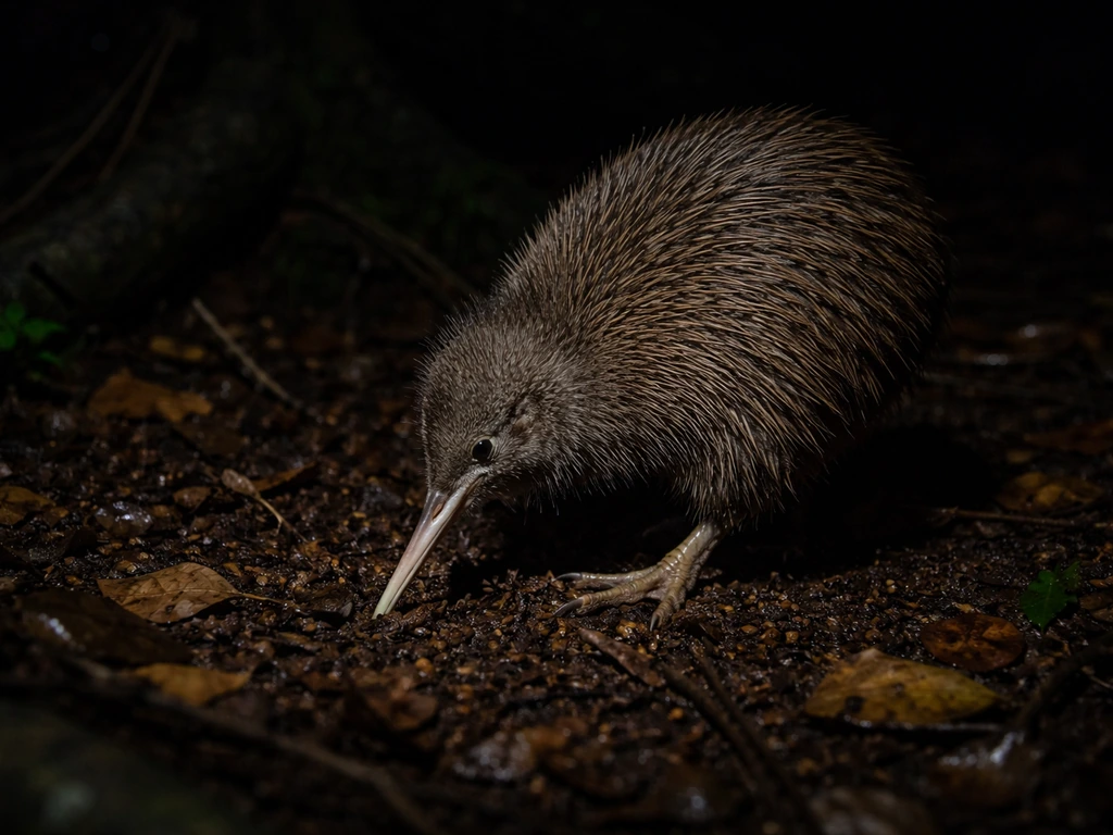 Brown kiwi foraging at night on a New Zealand forest floor among damp leaves.