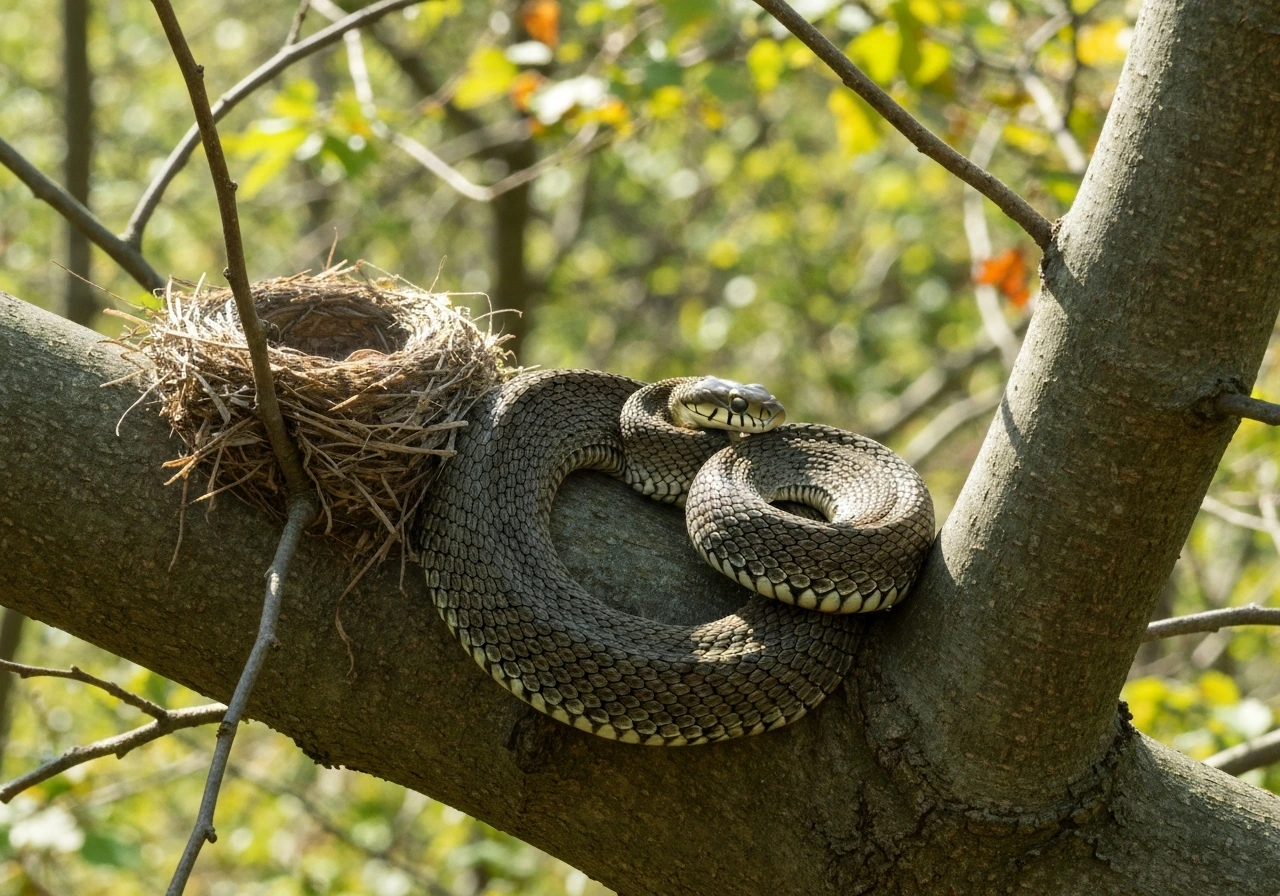 A snake on a tree branch beside a bird nest, showing how predators can access nests.