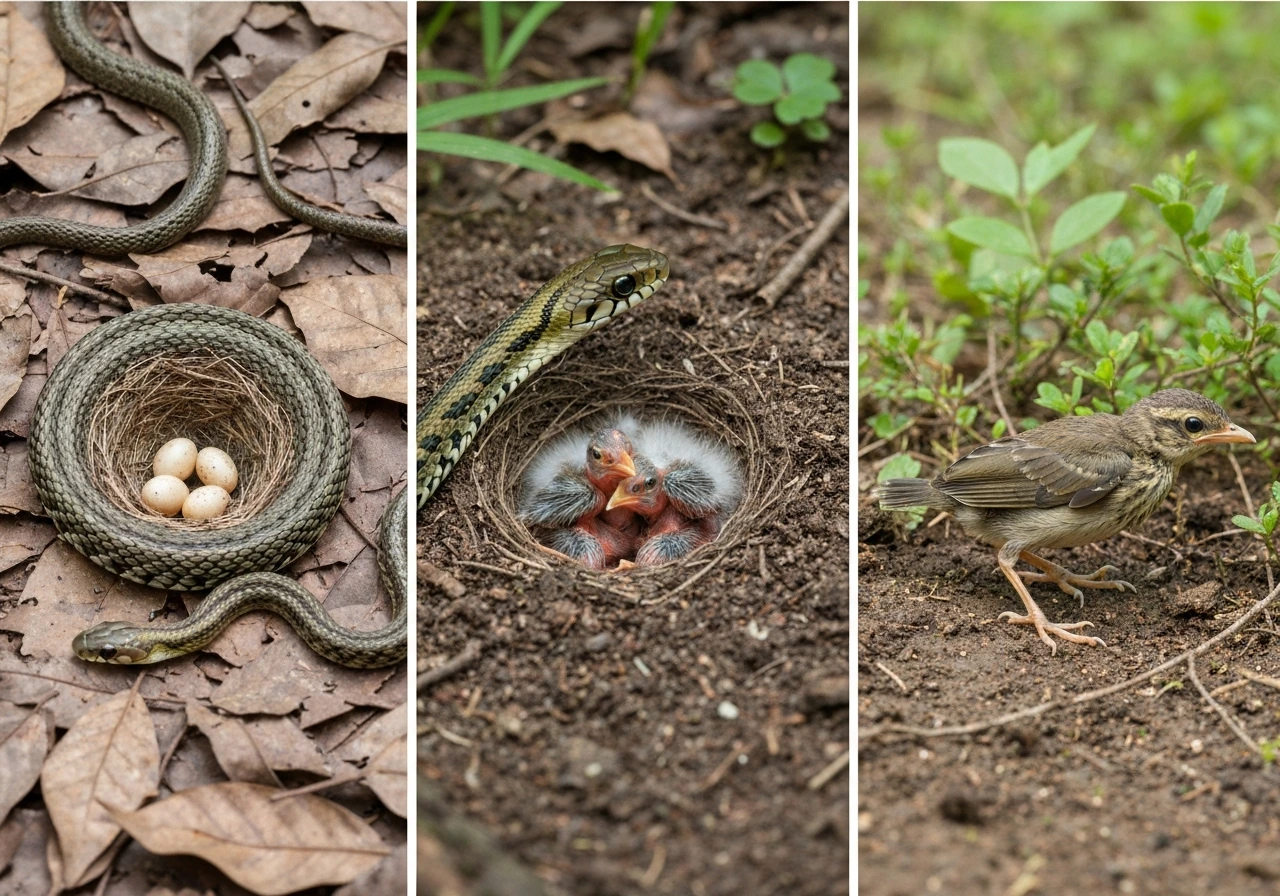 Three-panel photo showing a snake near bird eggs, chicks, and a young fledgling on the ground.