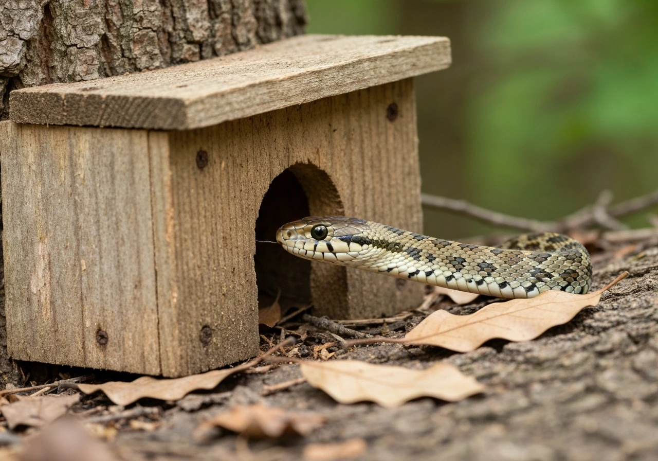 Close-up of a snake poised beside a wooden nest box cavity, ready to strike near the entrance.