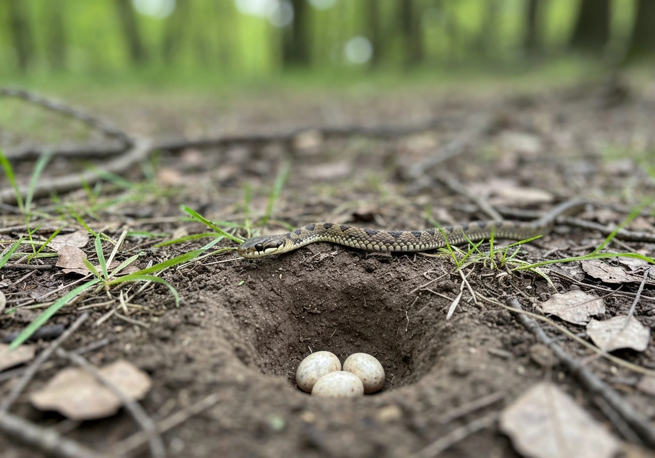 A snake slithering through grass and leaf litter toward an unattended ground nest scrape.