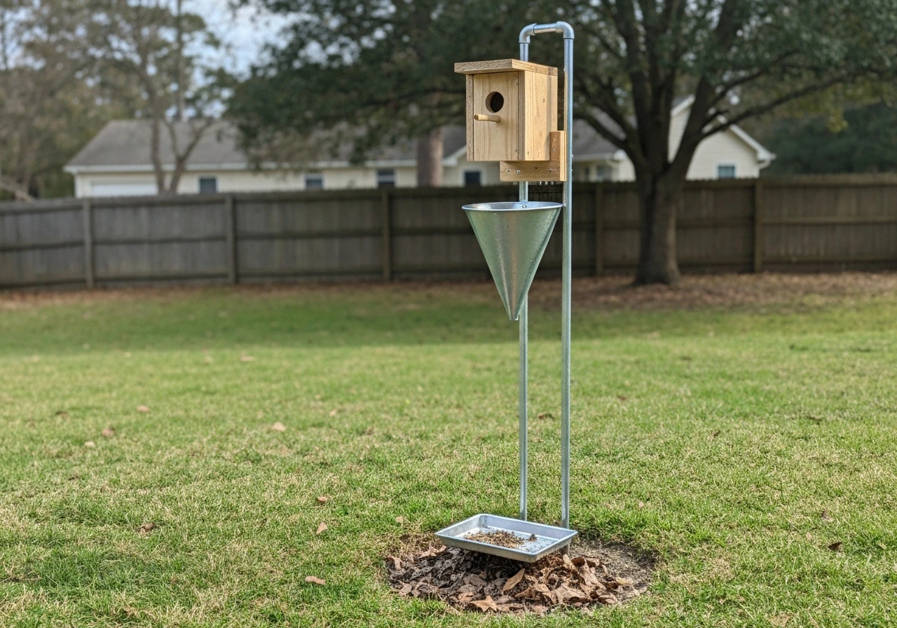 A bird nest box mounted on a smooth metal pole with a cone baffle in a backyard.