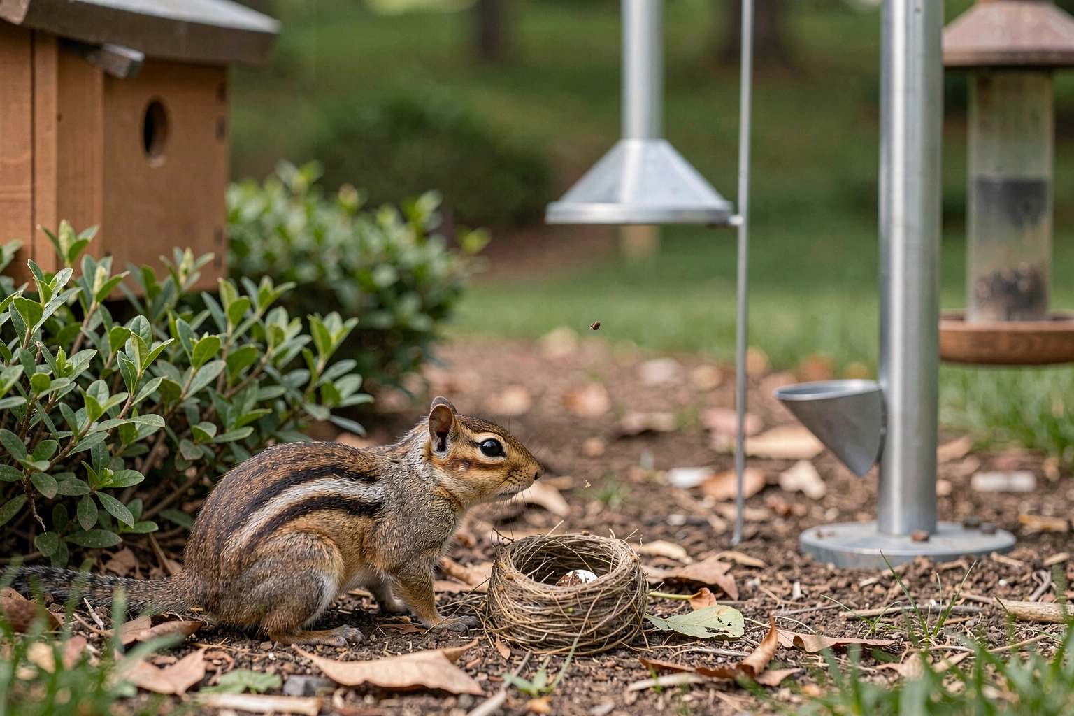 Chipmunk near a low bird nest with a protected nest box using a predator baffle in the yard.