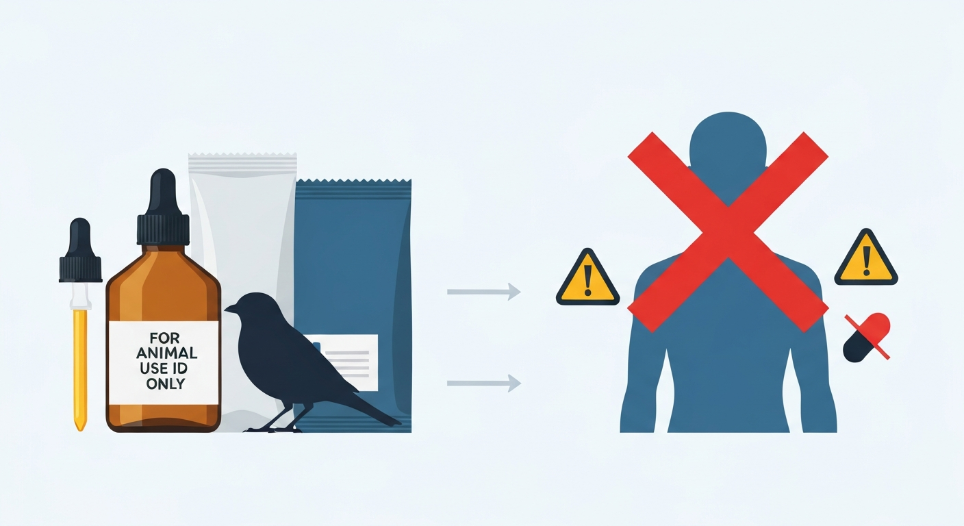 Illustration showing veterinary antibiotic containers and a bird on one side and a human silhouette with warning icons and a red X on the other, indicating they are not for human use.