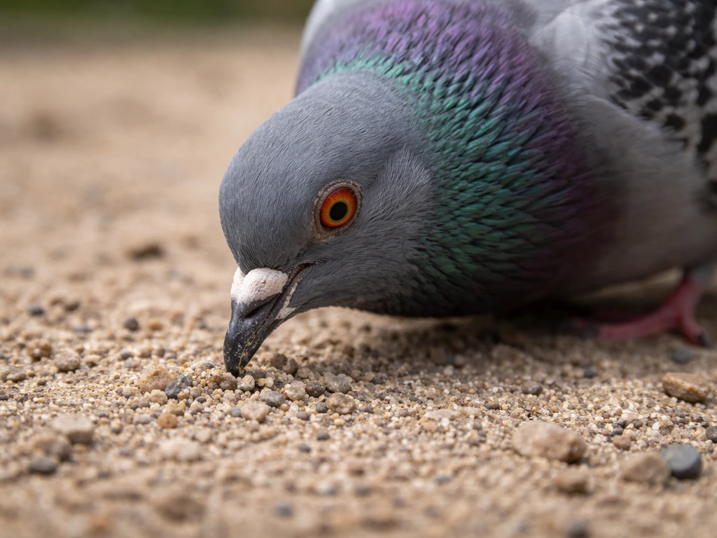 A wild pigeon foraging on gravel with tiny stones visible near its beak.