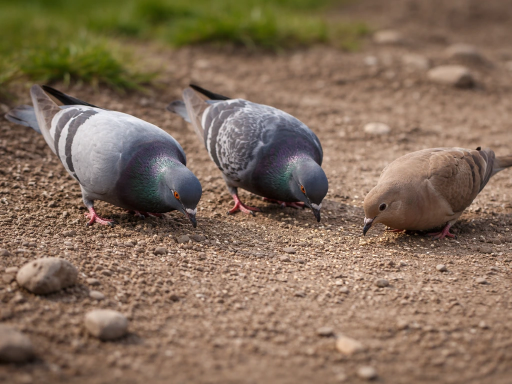 Two pigeons and a mourning dove foraging on gravel with small pebbles in the foreground.