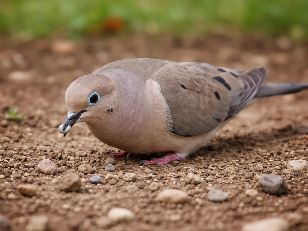 A mourning dove crouches on backyard soil, actively picking up small pebbles from the ground.