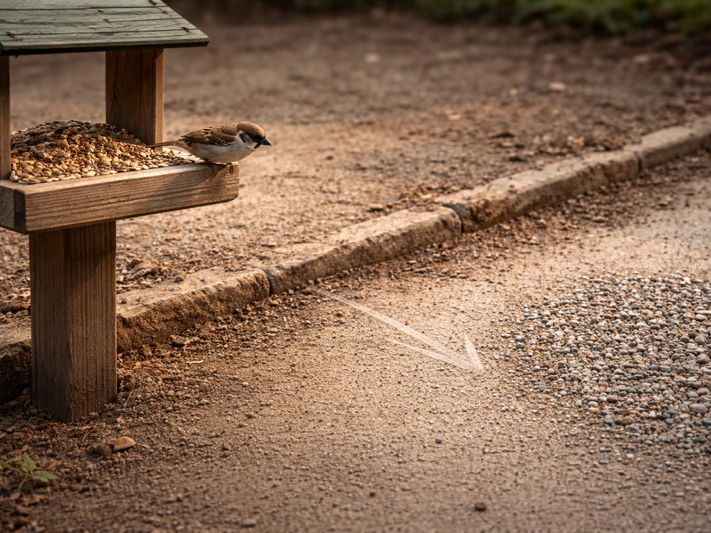 A small bird hops from a feeder to a bare gravel grit area with sand nearby.