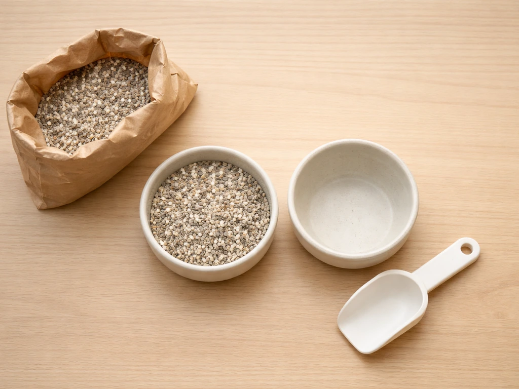 Top-down view of separate clean containers for commercial bird grit on a tidy wooden table.