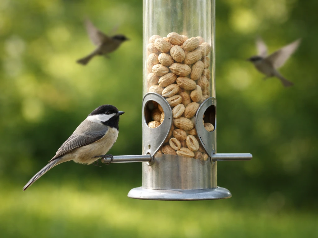 A small bird at a tube feeder with visible peanuts in a quiet backyard garden.